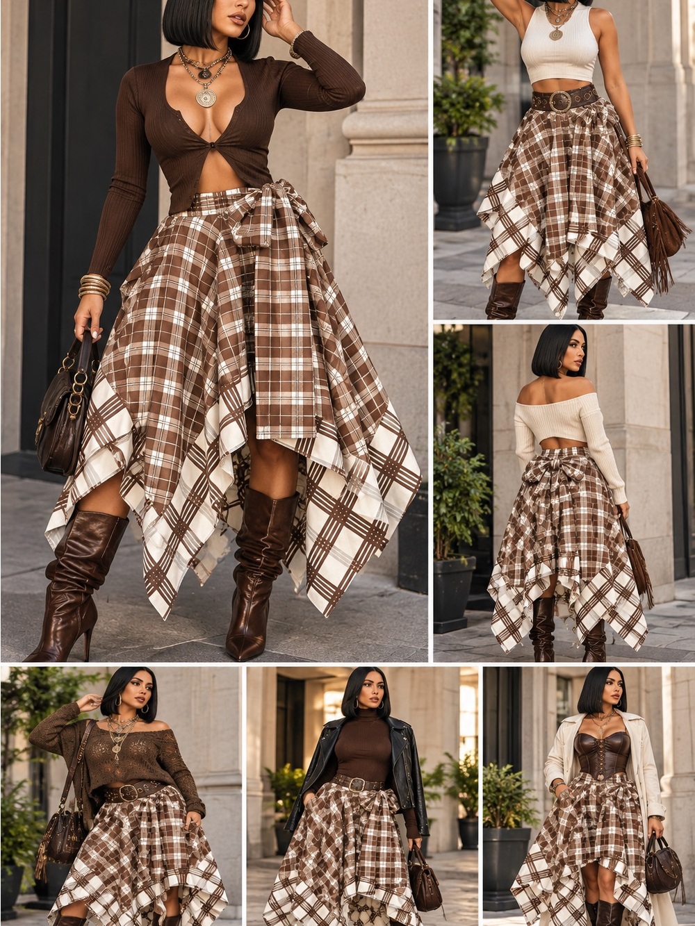 Plaid Asymmetric Handkerchief Hem Skirt in Brown